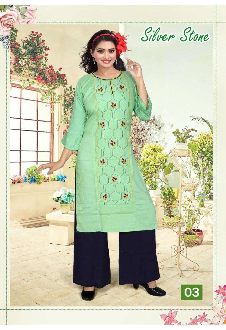 SILVER STONE BY POOJA 01 TO 10 SERIES DESIGNER STYLISH FANCY COLORFUL BEAUTIFUL PARTY WEAR & ETHNIC WEAR COLLECTION RAYON EMBROIDERY KURTIS WITH BOTTOM AT WHOLESALE PRICE