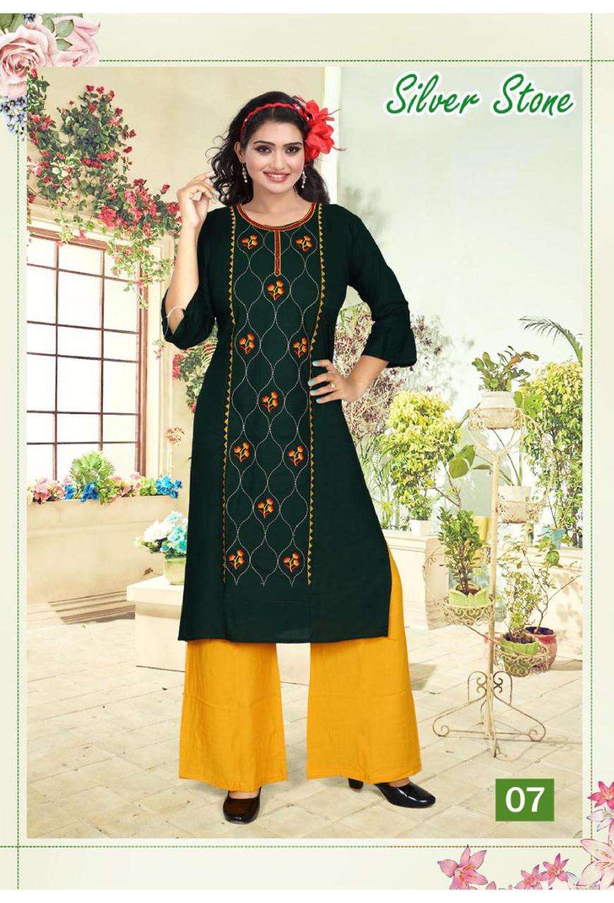 SILVER STONE BY POOJA 01 TO 10 SERIES DESIGNER STYLISH FANCY COLORFUL BEAUTIFUL PARTY WEAR & ETHNIC WEAR COLLECTION RAYON EMBROIDERY KURTIS WITH BOTTOM AT WHOLESALE PRICE