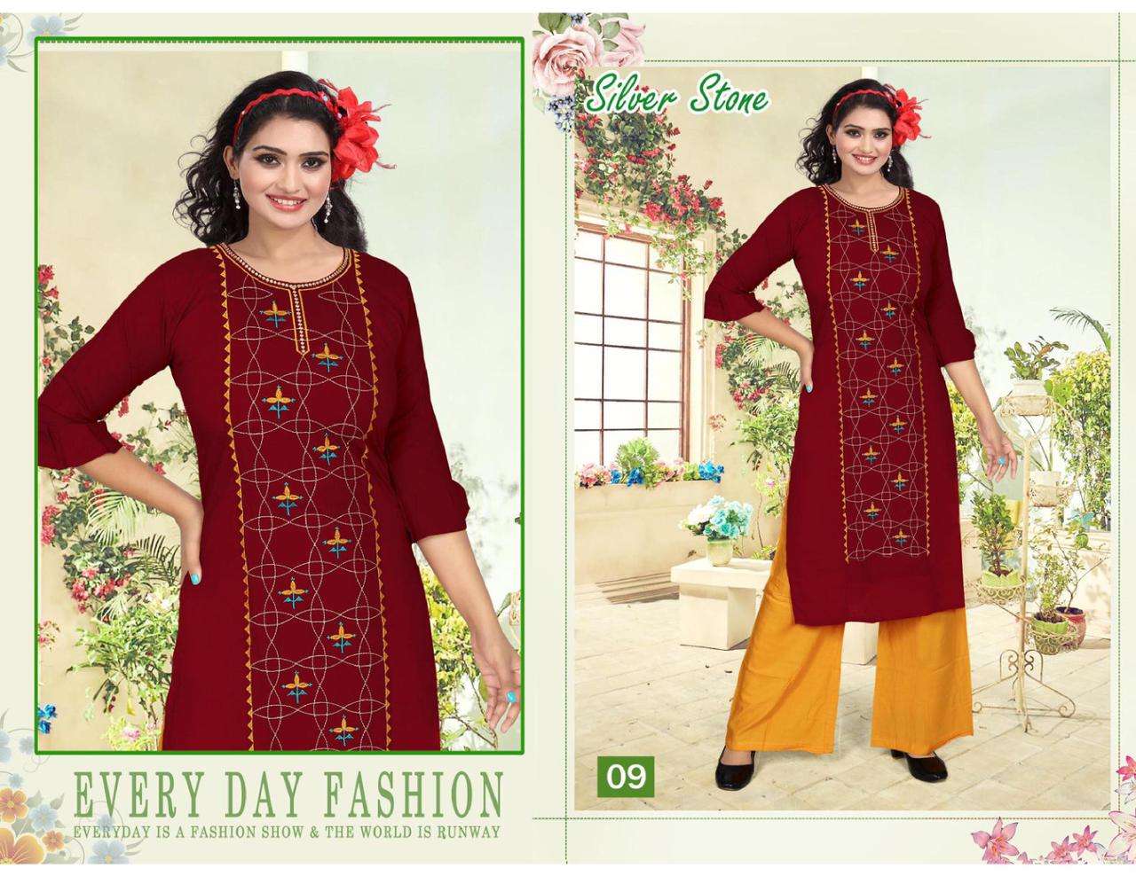 SILVER STONE BY POOJA 01 TO 10 SERIES DESIGNER STYLISH FANCY COLORFUL BEAUTIFUL PARTY WEAR & ETHNIC WEAR COLLECTION RAYON EMBROIDERY KURTIS WITH BOTTOM AT WHOLESALE PRICE