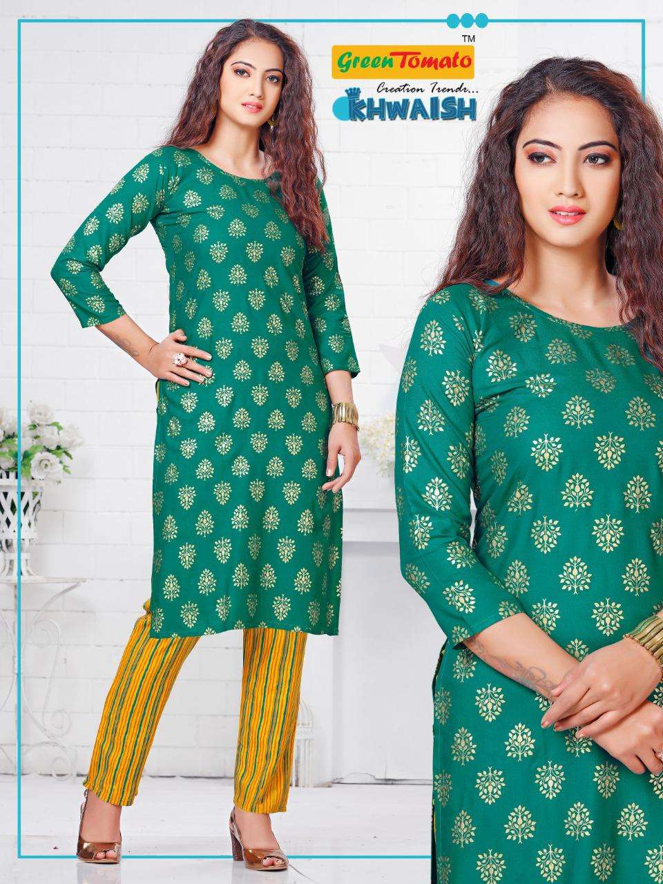 KHWAISH BY GREEN TOMATO 01 TO 08 SERIES DESIGNER STYLISH FANCY COLORFUL BEAUTIFUL PARTY WEAR & ETHNIC WEAR COLLECTION RAYON PRINT KURTIS WITH BOTTOM AT WHOLESALE PRICE
