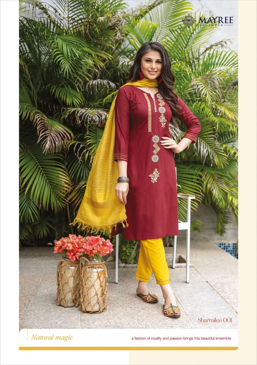 SHARMILEE BY MAYREE 001 TO 008 SERIES BEAUTIFUL SUITS COLORFUL STYLISH FANCY CASUAL WEAR & ETHNIC WEAR RAYON DOBBY EMBROIDERED DRESSES AT WHOLESALE PRICE