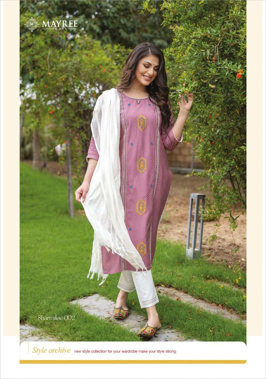 SHARMILEE BY MAYREE 001 TO 008 SERIES BEAUTIFUL SUITS COLORFUL STYLISH FANCY CASUAL WEAR & ETHNIC WEAR RAYON DOBBY EMBROIDERED DRESSES AT WHOLESALE PRICE