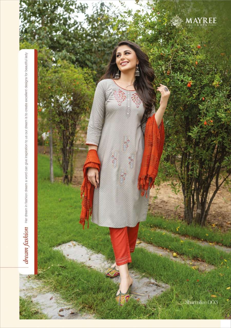 SHARMILEE BY MAYREE 001 TO 008 SERIES BEAUTIFUL SUITS COLORFUL STYLISH FANCY CASUAL WEAR & ETHNIC WEAR RAYON DOBBY EMBROIDERED DRESSES AT WHOLESALE PRICE