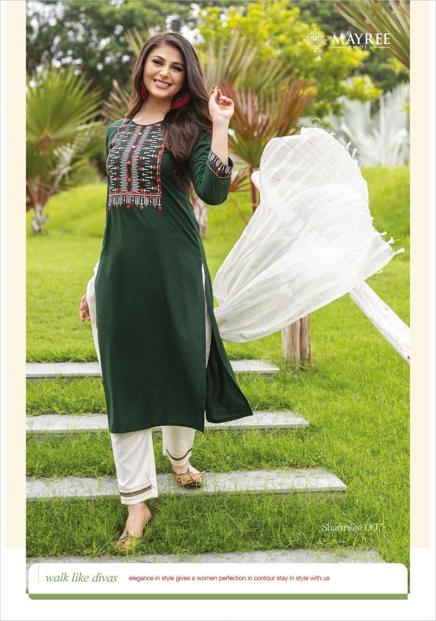 SHARMILEE BY MAYREE 001 TO 008 SERIES BEAUTIFUL SUITS COLORFUL STYLISH FANCY CASUAL WEAR & ETHNIC WEAR RAYON DOBBY EMBROIDERED DRESSES AT WHOLESALE PRICE