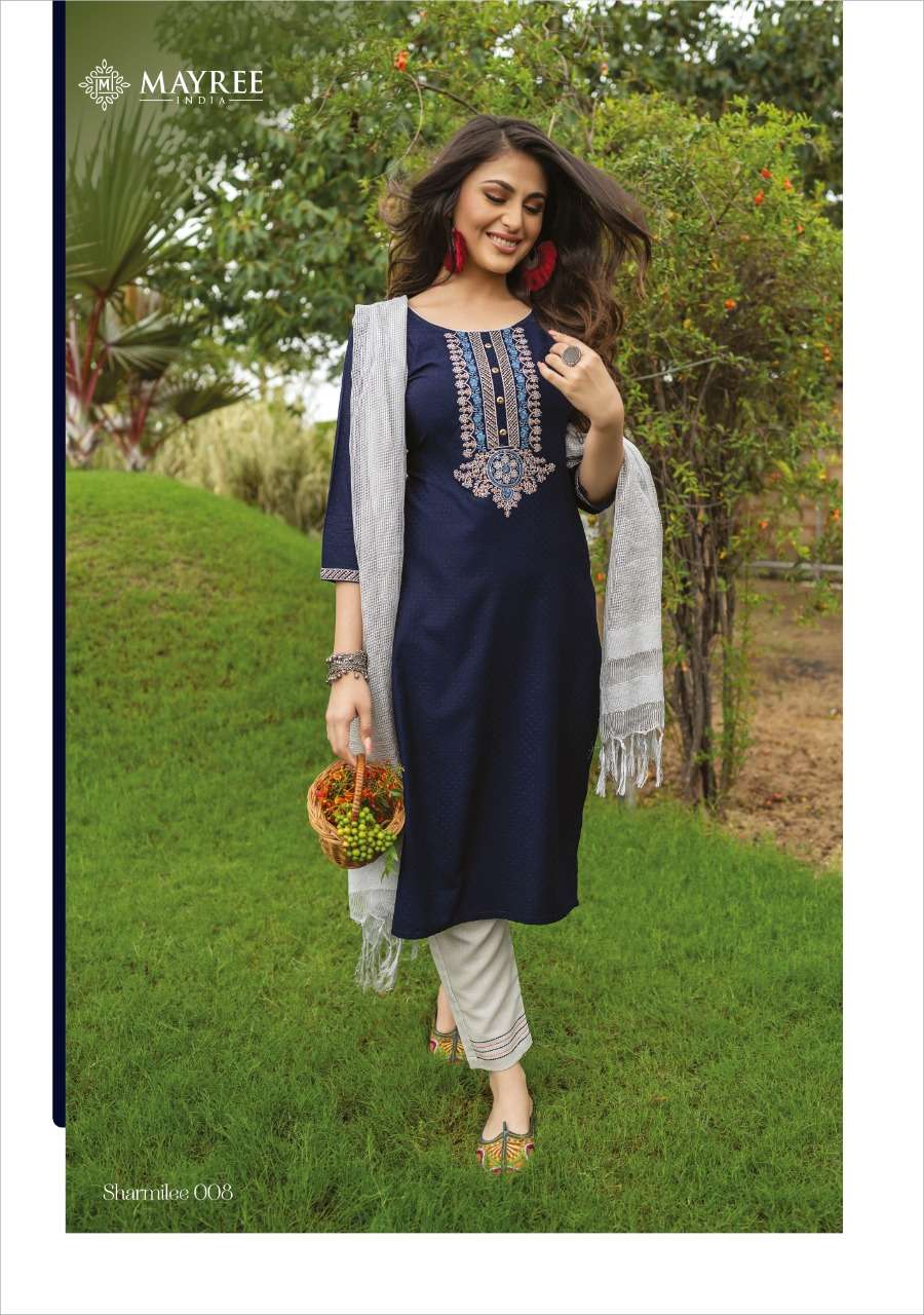 SHARMILEE BY MAYREE 001 TO 008 SERIES BEAUTIFUL SUITS COLORFUL STYLISH FANCY CASUAL WEAR & ETHNIC WEAR RAYON DOBBY EMBROIDERED DRESSES AT WHOLESALE PRICE