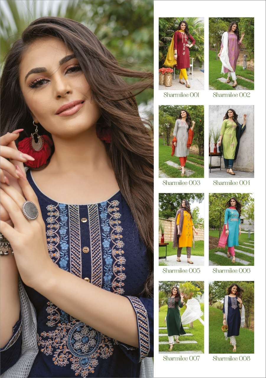 SHARMILEE BY MAYREE 001 TO 008 SERIES BEAUTIFUL SUITS COLORFUL STYLISH FANCY CASUAL WEAR & ETHNIC WEAR RAYON DOBBY EMBROIDERED DRESSES AT WHOLESALE PRICE