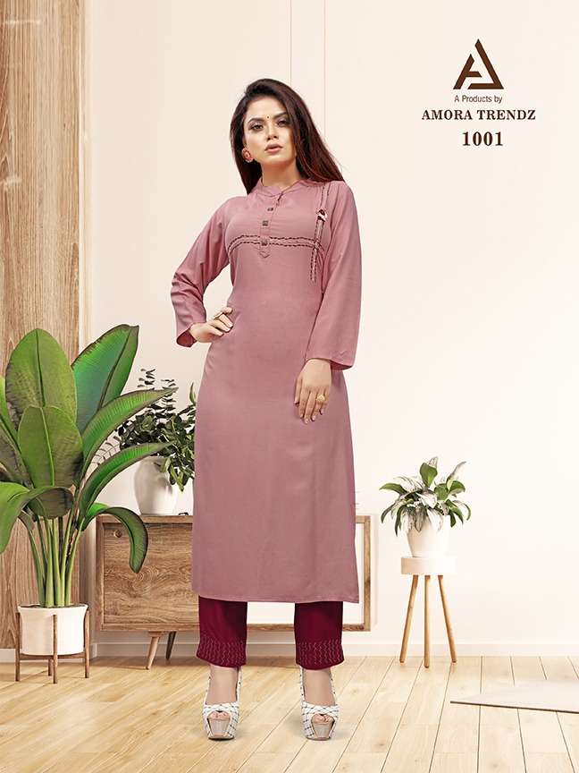 AMORA 1001 SERIES BY AMORA 1001 TO 1005 SERIES DESIGNER STYLISH FANCY COLORFUL BEAUTIFUL PARTY WEAR & ETHNIC WEAR COLLECTION PURE RAYON PRINT KURTIS WITH BOTTOM AT WHOLESALE PRICE