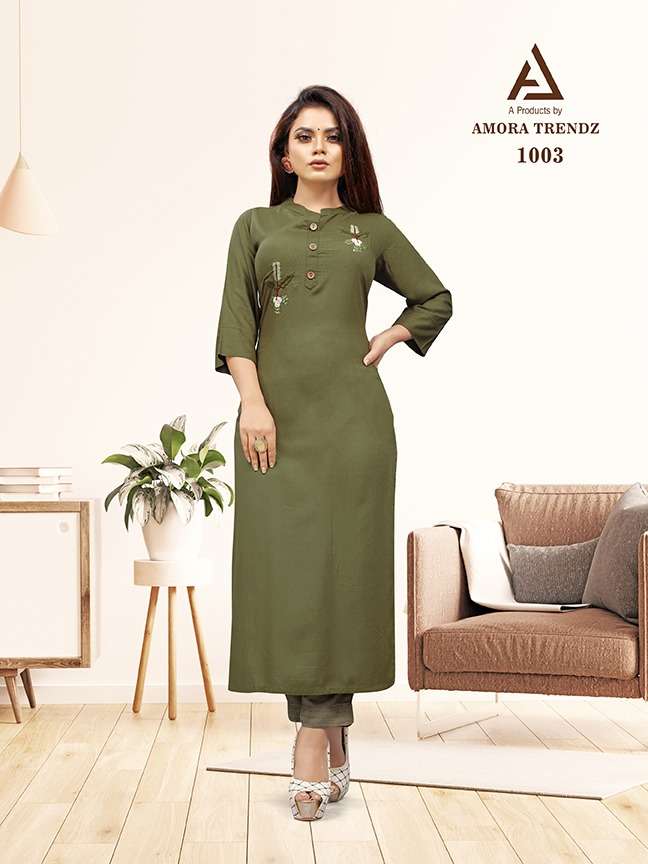 AMORA 1001 SERIES BY AMORA 1001 TO 1005 SERIES DESIGNER STYLISH FANCY COLORFUL BEAUTIFUL PARTY WEAR & ETHNIC WEAR COLLECTION PURE RAYON PRINT KURTIS WITH BOTTOM AT WHOLESALE PRICE
