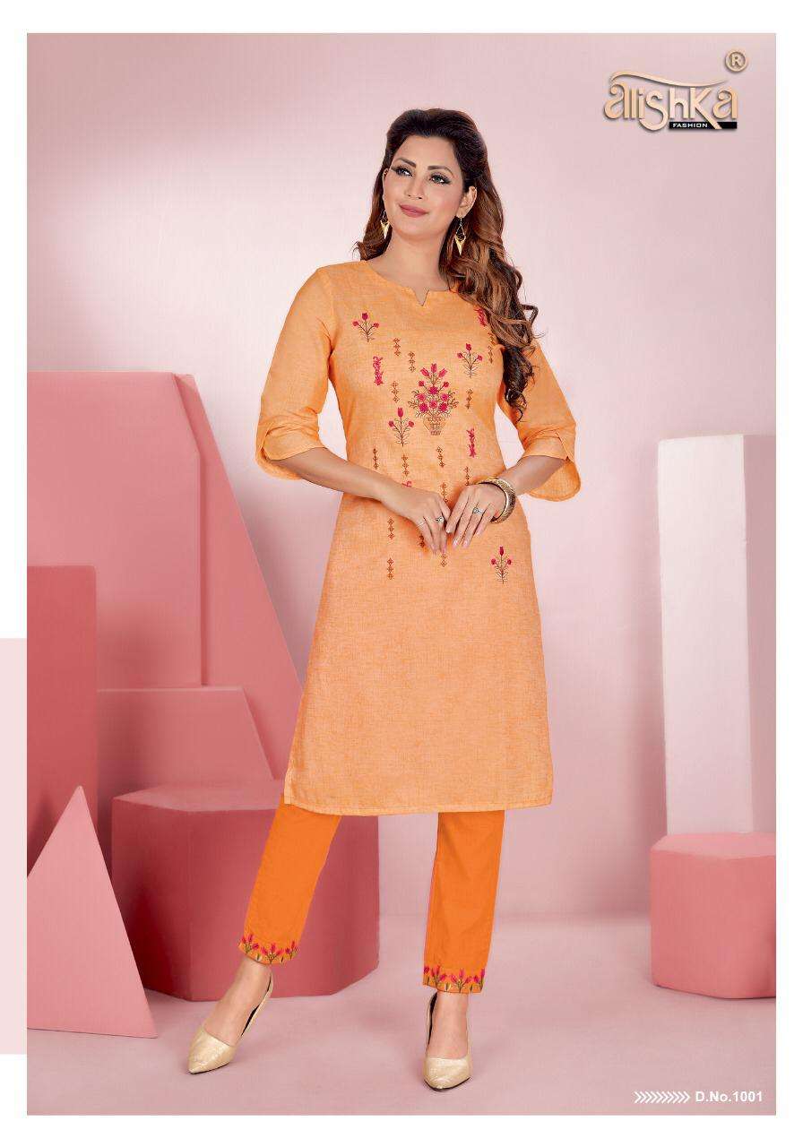 SENORITA BY ALISHKA FASHION 1001 TO 1006 SERIES DESIGNER STYLISH FANCY COLORFUL BEAUTIFUL PARTY WEAR & ETHNIC WEAR COLLECTION PURE COTTON EMBROIDERY KURTIS WITH BOTTOM AT WHOLESALE PRICE