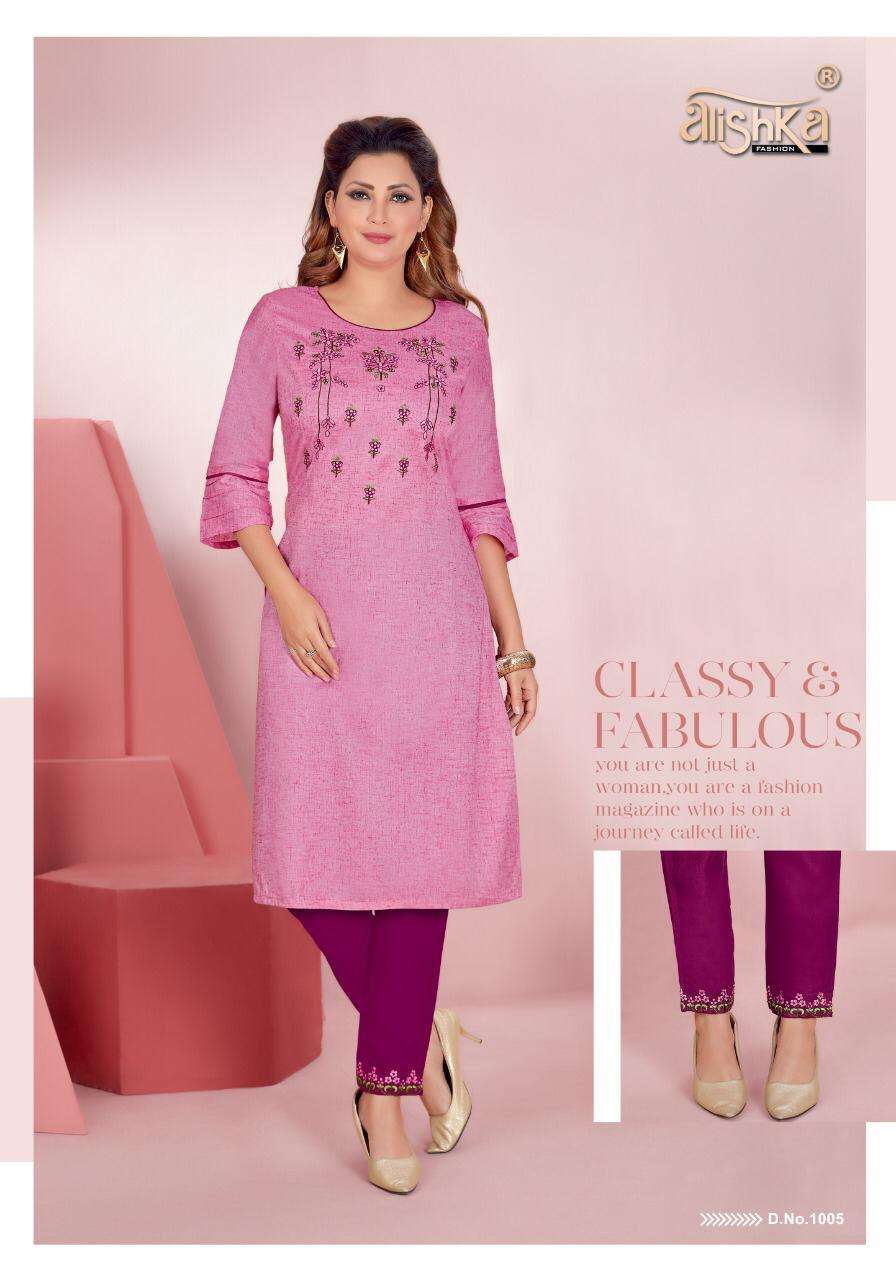 SENORITA BY ALISHKA FASHION 1001 TO 1006 SERIES DESIGNER STYLISH FANCY COLORFUL BEAUTIFUL PARTY WEAR & ETHNIC WEAR COLLECTION PURE COTTON EMBROIDERY KURTIS WITH BOTTOM AT WHOLESALE PRICE