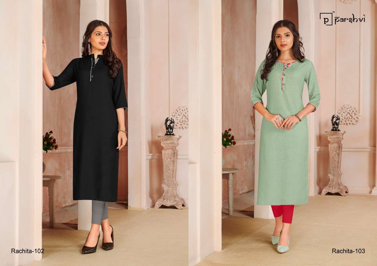 RACHITA VOL-1 BY PARSHVI 101 TO 104 SERIES DESIGNER STYLISH FANCY COLORFUL BEAUTIFUL PARTY WEAR & ETHNIC WEAR COLLECTION RAYON SLUB KURTIS AT WHOLESALE PRICE