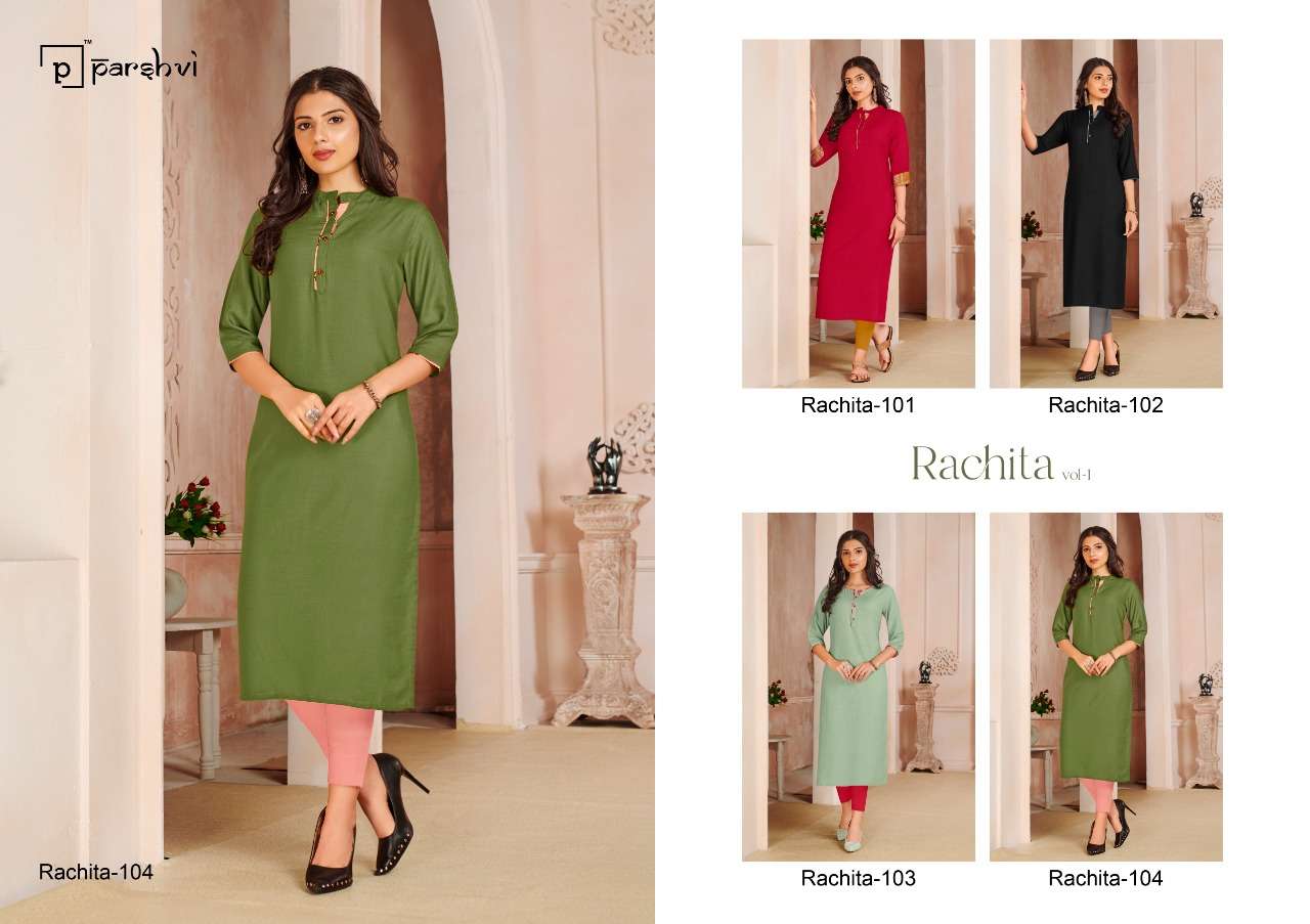 RACHITA VOL-1 BY PARSHVI 101 TO 104 SERIES DESIGNER STYLISH FANCY COLORFUL BEAUTIFUL PARTY WEAR & ETHNIC WEAR COLLECTION RAYON SLUB KURTIS AT WHOLESALE PRICE