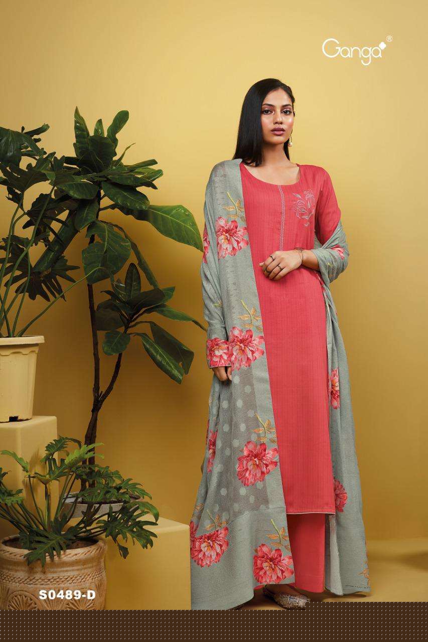 EMMA-489 BY GANGA FASHION 489-A TO 489-D SERIES BEAUTIFUL SUITS COLORFUL STYLISH FANCY CASUAL WEAR & ETHNIC WEAR PREMIUM COTTON PRINT WITH EMBROIDERY WORK DRESSES AT WHOLESALE PRICE
