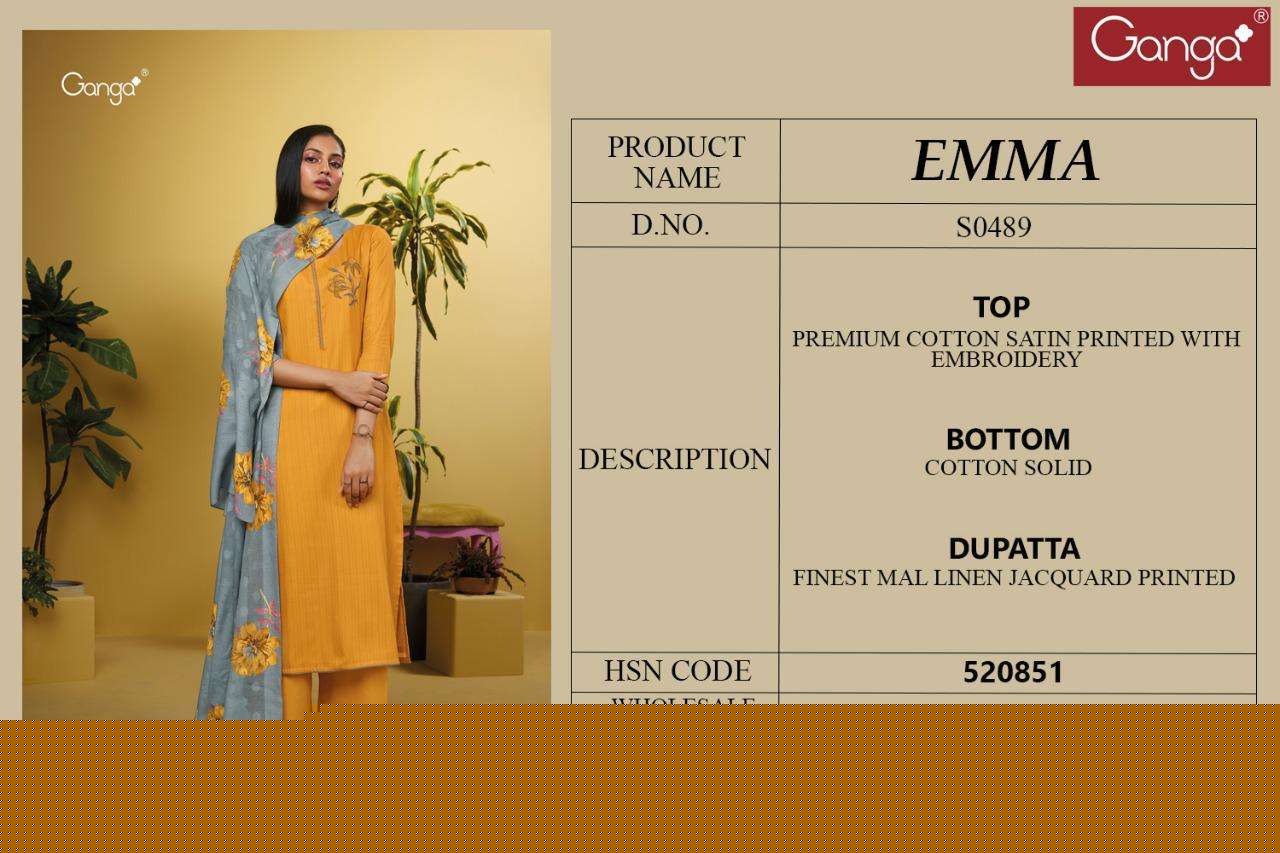 EMMA-489 BY GANGA FASHION 489-A TO 489-D SERIES BEAUTIFUL SUITS COLORFUL STYLISH FANCY CASUAL WEAR & ETHNIC WEAR PREMIUM COTTON PRINT WITH EMBROIDERY WORK DRESSES AT WHOLESALE PRICE