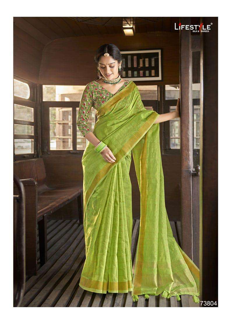 INDIAN BEAUTY BY LIFESTYLE 73801 TO 73806 SERIES INDIAN TRADITIONAL WEAR COLLECTION BEAUTIFUL STYLISH FANCY COLORFUL PARTY WEAR & OCCASIONAL WEAR COTTON JARI SAREES AT WHOLESALE PRICE