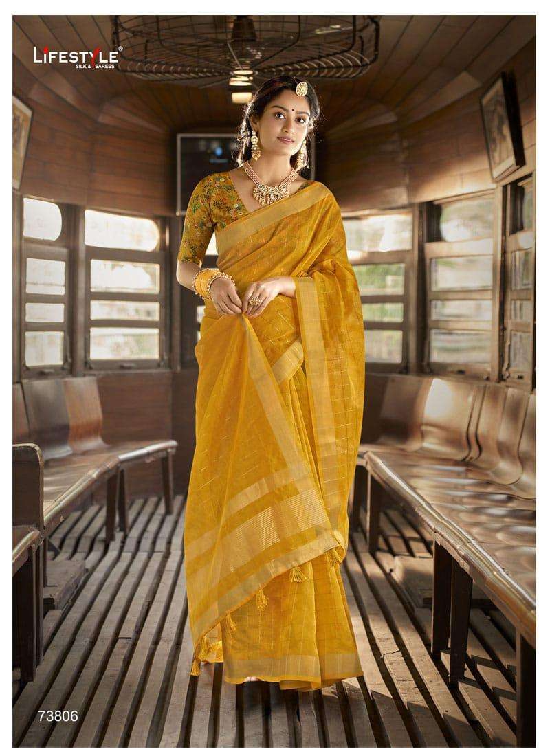 INDIAN BEAUTY BY LIFESTYLE 73801 TO 73806 SERIES INDIAN TRADITIONAL WEAR COLLECTION BEAUTIFUL STYLISH FANCY COLORFUL PARTY WEAR & OCCASIONAL WEAR COTTON JARI SAREES AT WHOLESALE PRICE