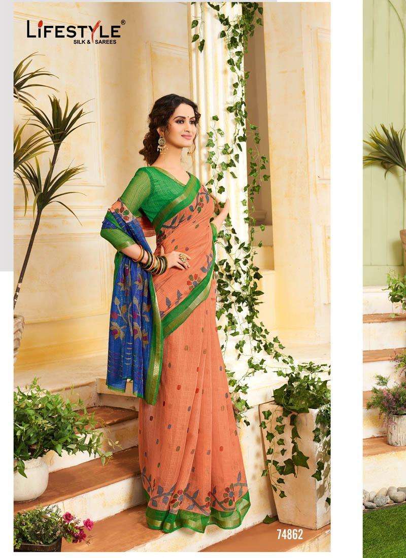 SARLA COTTON BY LIFESTYLE 74861 TO 74872 SERIES INDIAN TRADITIONAL WEAR COLLECTION BEAUTIFUL STYLISH FANCY COLORFUL PARTY WEAR & OCCASIONAL WEAR COTTON JARI SAREES AT WHOLESALE PRICE