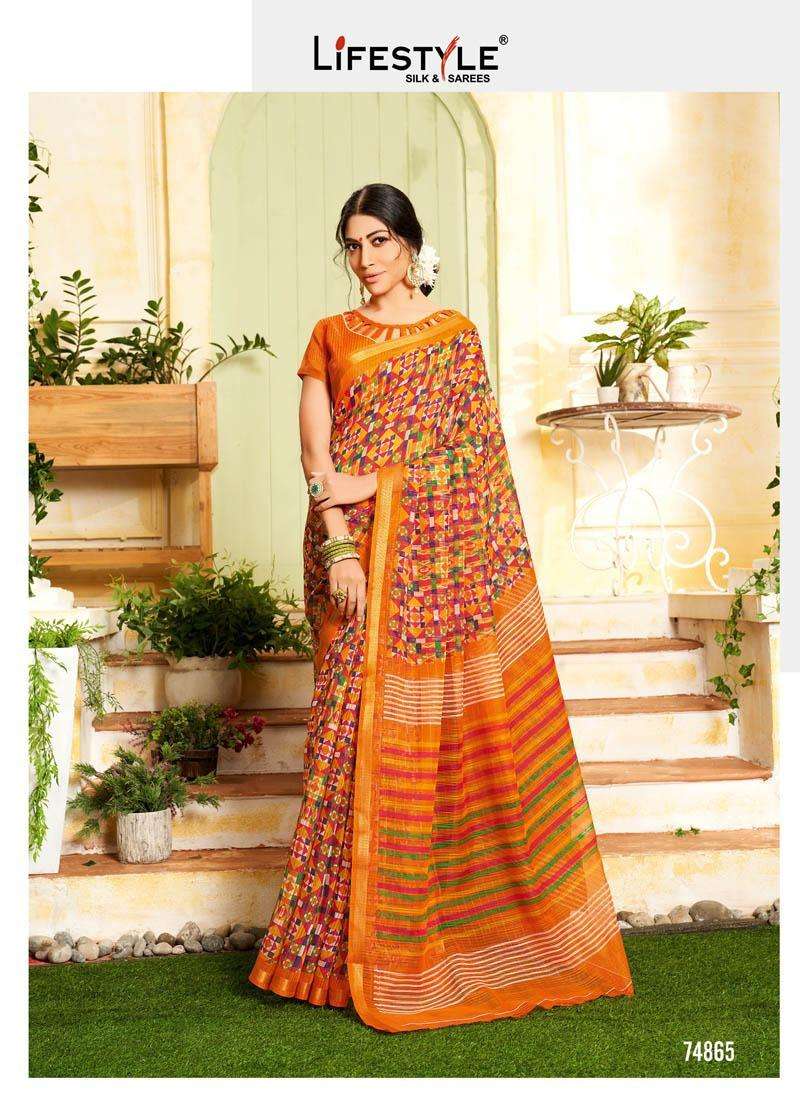 SARLA COTTON BY LIFESTYLE 74861 TO 74872 SERIES INDIAN TRADITIONAL WEAR COLLECTION BEAUTIFUL STYLISH FANCY COLORFUL PARTY WEAR & OCCASIONAL WEAR COTTON JARI SAREES AT WHOLESALE PRICE