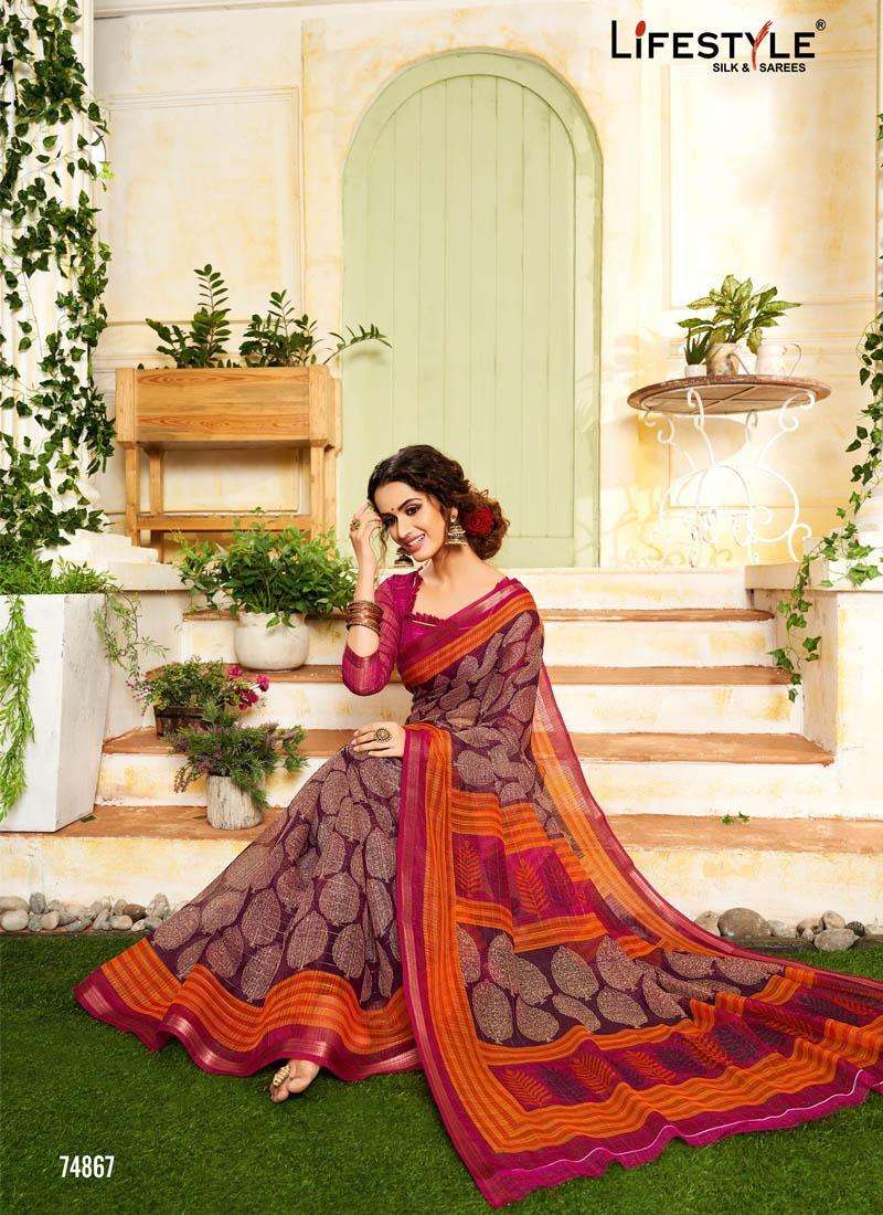 SARLA COTTON BY LIFESTYLE 74861 TO 74872 SERIES INDIAN TRADITIONAL WEAR COLLECTION BEAUTIFUL STYLISH FANCY COLORFUL PARTY WEAR & OCCASIONAL WEAR COTTON JARI SAREES AT WHOLESALE PRICE
