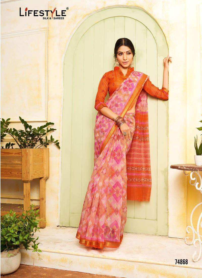 SARLA COTTON BY LIFESTYLE 74861 TO 74872 SERIES INDIAN TRADITIONAL WEAR COLLECTION BEAUTIFUL STYLISH FANCY COLORFUL PARTY WEAR & OCCASIONAL WEAR COTTON JARI SAREES AT WHOLESALE PRICE