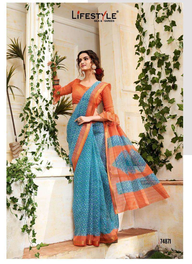 SARLA COTTON BY LIFESTYLE 74861 TO 74872 SERIES INDIAN TRADITIONAL WEAR COLLECTION BEAUTIFUL STYLISH FANCY COLORFUL PARTY WEAR & OCCASIONAL WEAR COTTON JARI SAREES AT WHOLESALE PRICE