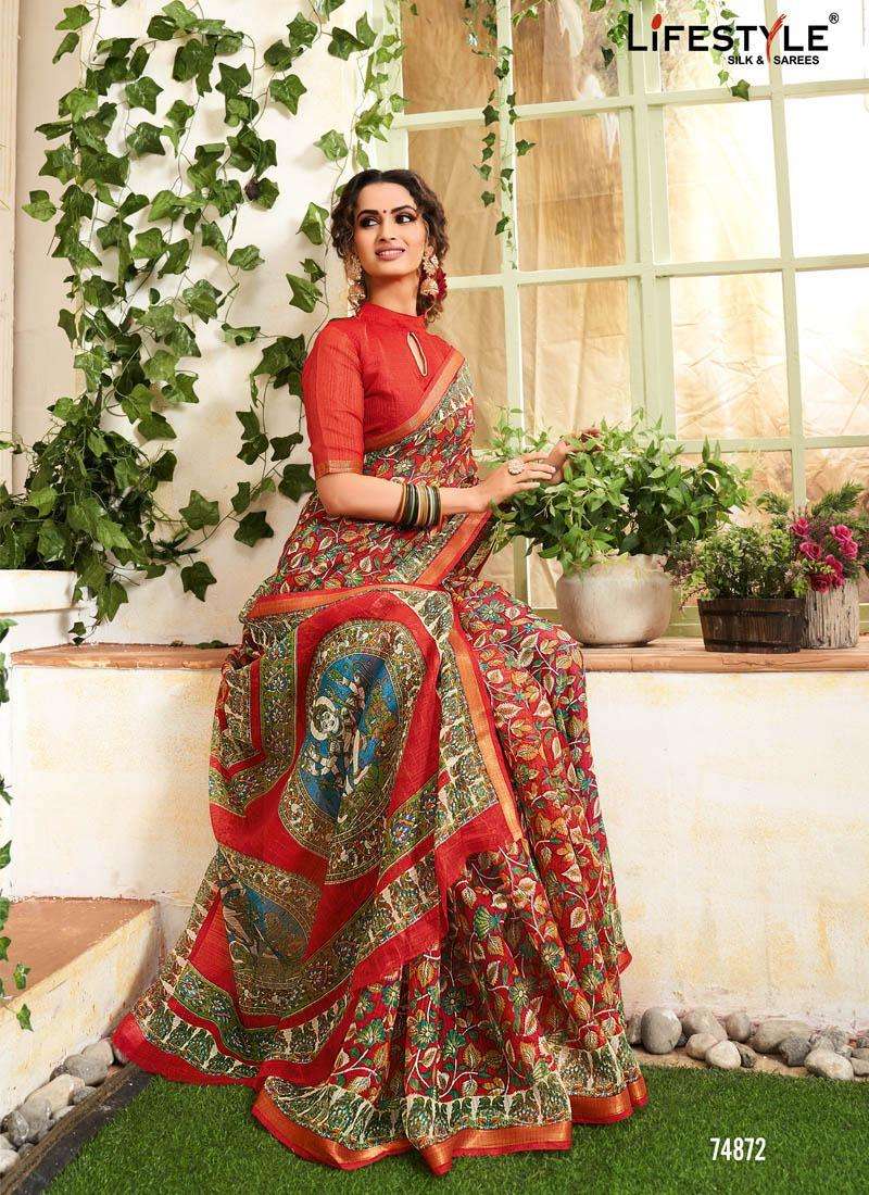 SARLA COTTON BY LIFESTYLE 74861 TO 74872 SERIES INDIAN TRADITIONAL WEAR COLLECTION BEAUTIFUL STYLISH FANCY COLORFUL PARTY WEAR & OCCASIONAL WEAR COTTON JARI SAREES AT WHOLESALE PRICE