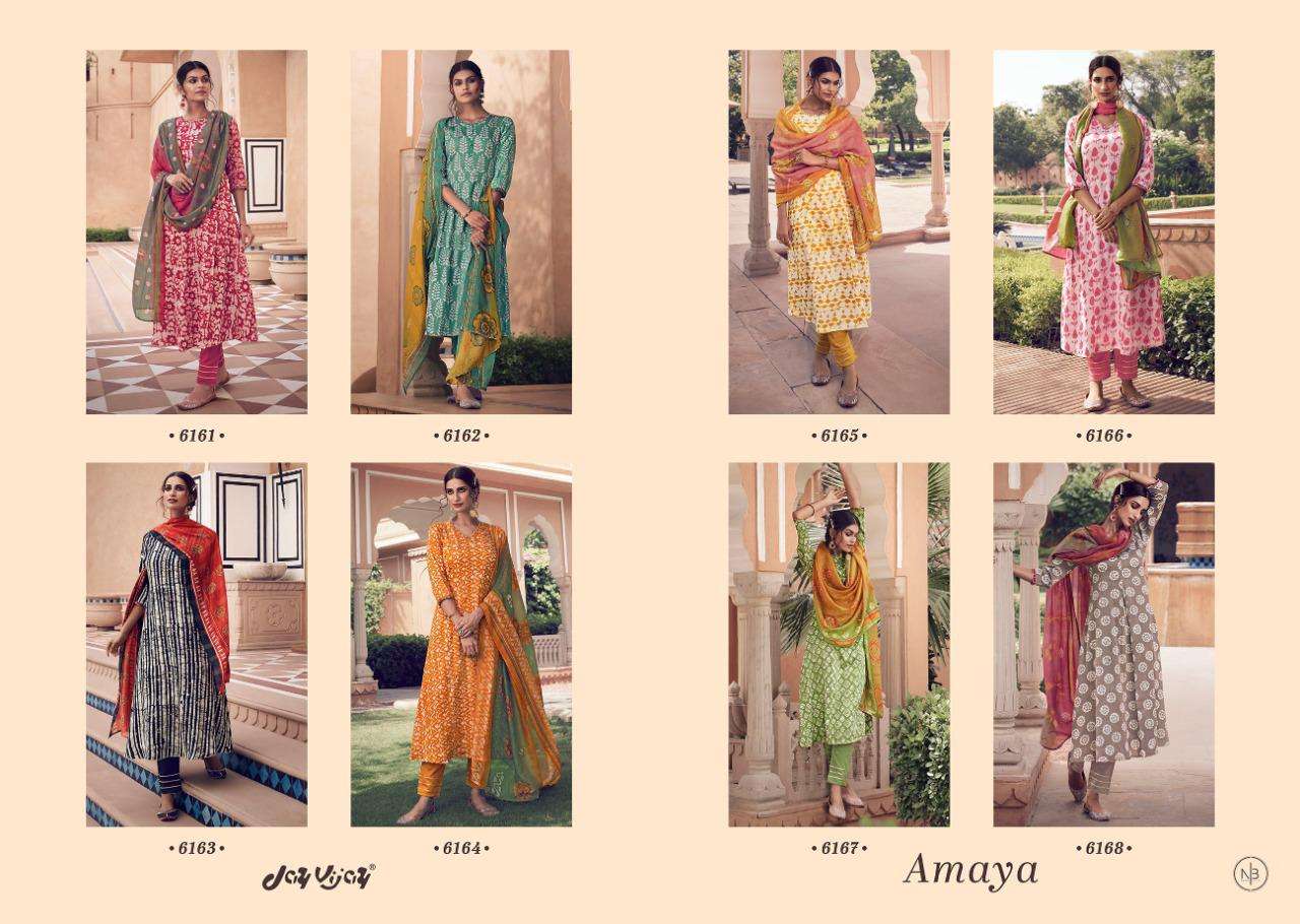 AMAYA BY JAY VIJAY PRINTS 6161 TO 6168 SERIES BEAUTIFUL SUITS COLORFUL STYLISH FANCY CASUAL WEAR & ETHNIC WEAR PURE JAM SATIN PRINT WITH WORK DRESSES AT WHOLESALE PRICE