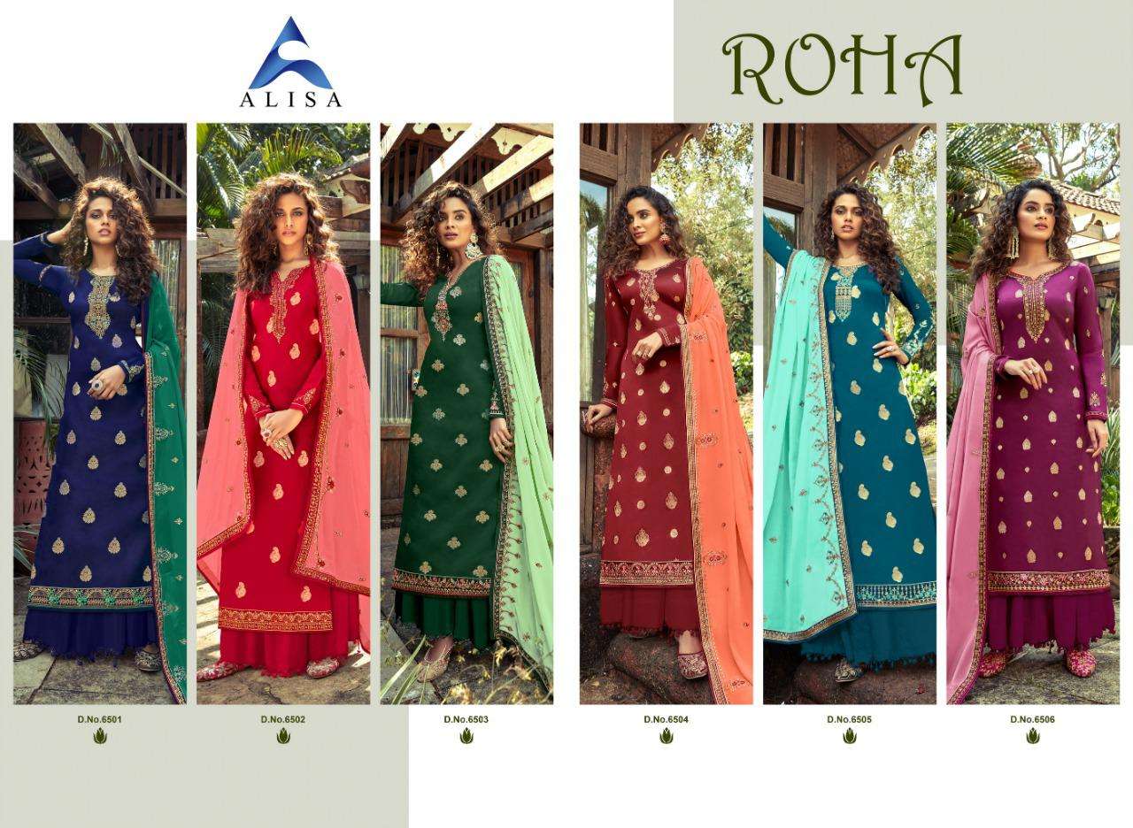ROHA BY ALISA 6501 TO 6506 SERIES BEAUTIFUL STYLISH SHARARA SUITS FANCY COLORFUL CASUAL WEAR & ETHNIC WEAR & READY TO WEAR SILK JACQUARD DRESSES AT WHOLESALE PRICE