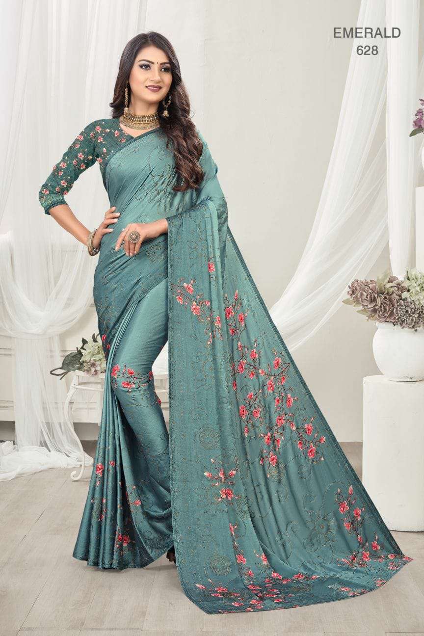 EMERALD BY BELA FASHION INDIAN TRADITIONAL WEAR COLLECTION BEAUTIFUL STYLISH FANCY COLORFUL PARTY WEAR & OCCASIONAL WEAR SATIN SAREES AT WHOLESALE PRICE