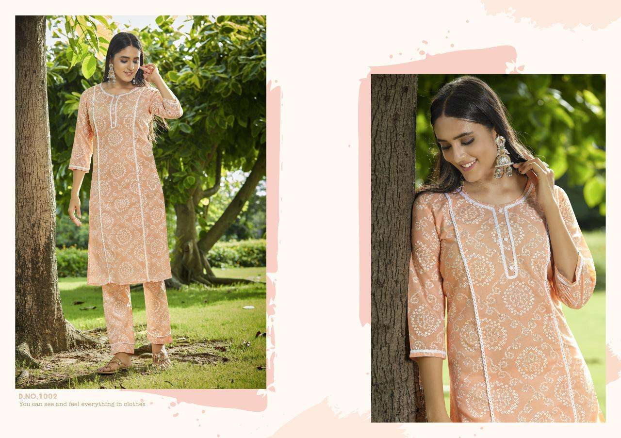LIZZY BY KIVI 1001 TO 1004 SERIES DESIGNER STYLISH FANCY COLORFUL BEAUTIFUL PARTY WEAR & ETHNIC WEAR COLLECTION PURE COTTON PRINTED KURTIS WITH BOTTOM AT WHOLESALE PRICE