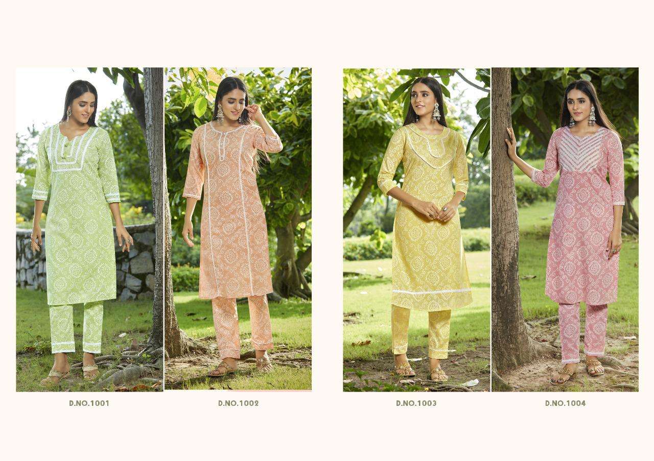 LIZZY BY KIVI 1001 TO 1004 SERIES DESIGNER STYLISH FANCY COLORFUL BEAUTIFUL PARTY WEAR & ETHNIC WEAR COLLECTION PURE COTTON PRINTED KURTIS WITH BOTTOM AT WHOLESALE PRICE
