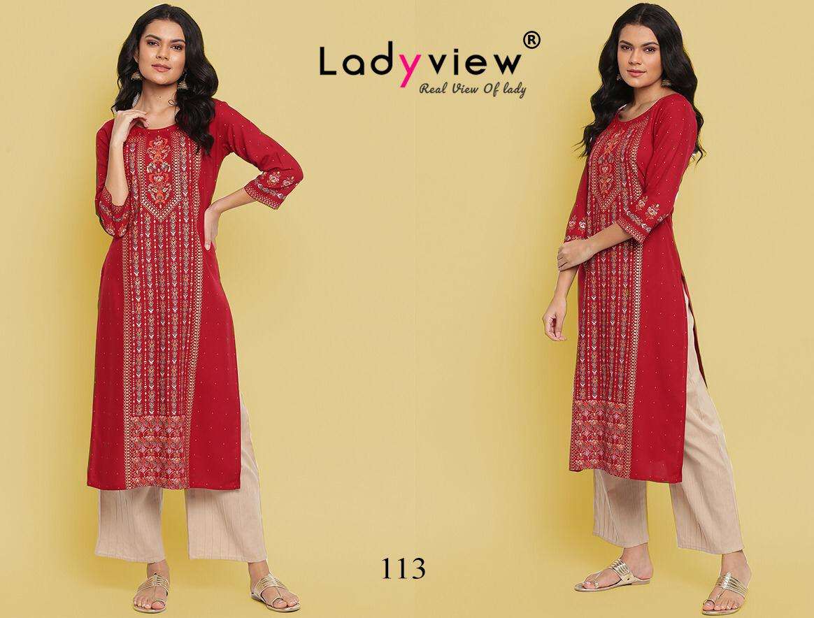 GOLD VOL-1 BY LADY VIEW 110 TO 113 SERIES DESIGNER STYLISH FANCY COLORFUL BEAUTIFUL PARTY WEAR & ETHNIC WEAR COLLECTION RAYON PRINT KURTIS AT WHOLESALE PRICE