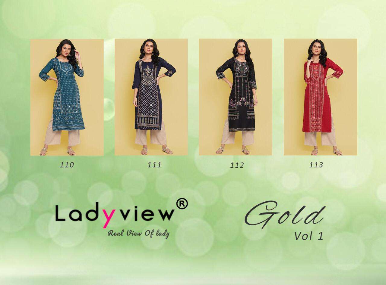 GOLD VOL-1 BY LADY VIEW 110 TO 113 SERIES DESIGNER STYLISH FANCY COLORFUL BEAUTIFUL PARTY WEAR & ETHNIC WEAR COLLECTION RAYON PRINT KURTIS AT WHOLESALE PRICE