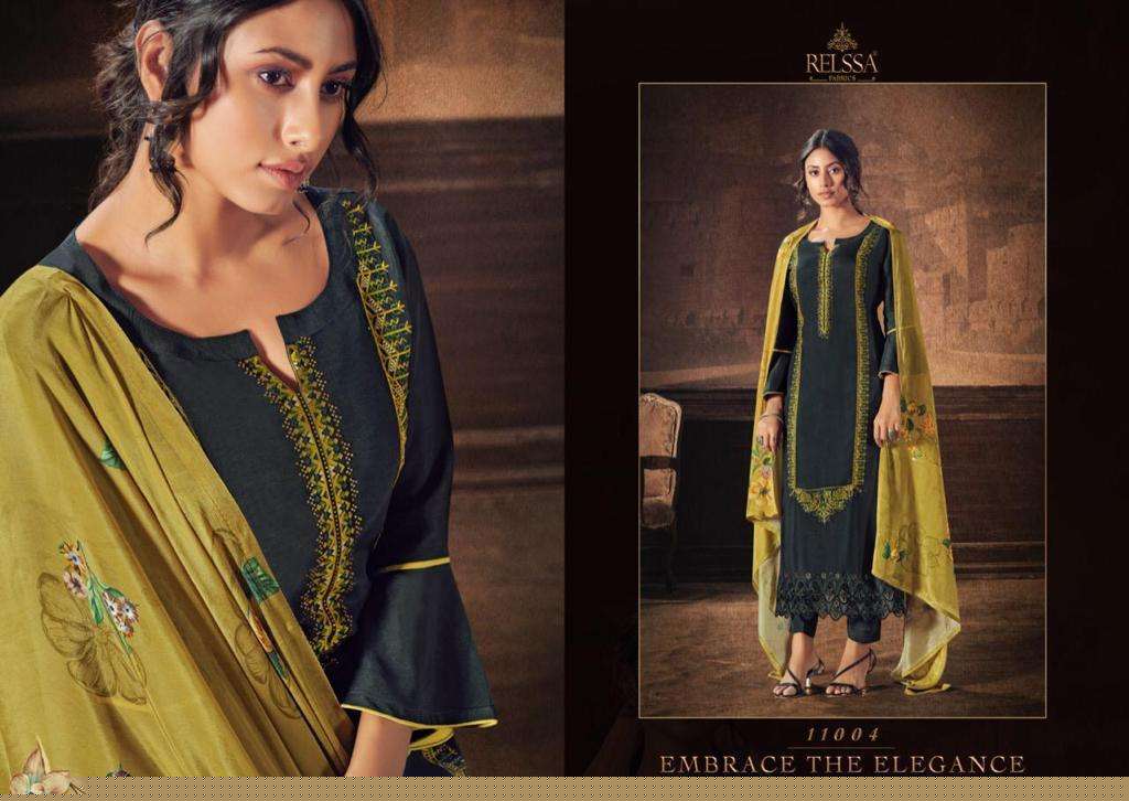 KASAUTI 11001 SERIES BY RELSSA FABRICS 11001 TO 11006 SERIES BEAUTIFUL SUITS COLORFUL STYLISH FANCY CASUAL WEAR & ETHNIC WEAR RUSSIAN SILK EMBROIDERED DRESSES AT WHOLESALE PRICE