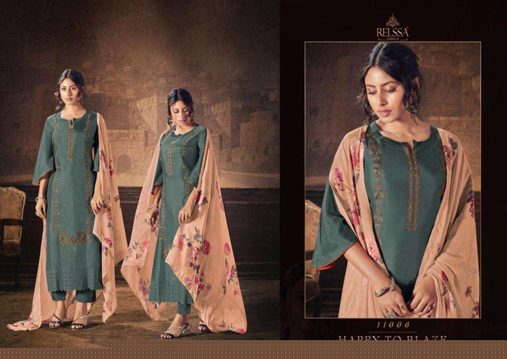 KASAUTI 11001 SERIES BY RELSSA FABRICS 11001 TO 11006 SERIES BEAUTIFUL SUITS COLORFUL STYLISH FANCY CASUAL WEAR & ETHNIC WEAR RUSSIAN SILK EMBROIDERED DRESSES AT WHOLESALE PRICE
