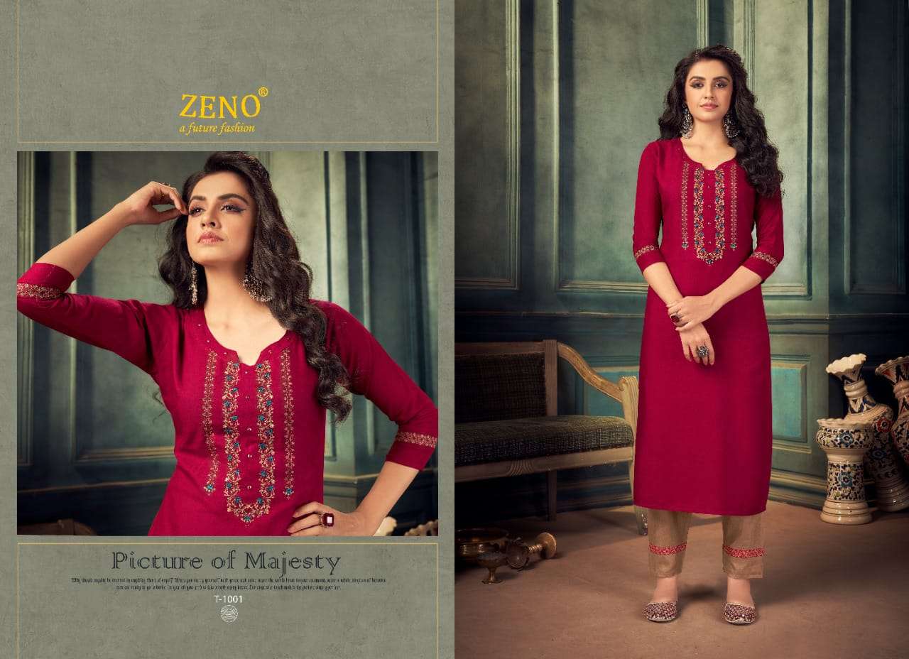 TITOS VOL-1 BY ZENO 1001 TO 1008 SERIES DESIGNER STYLISH FANCY COLORFUL BEAUTIFUL PARTY WEAR & ETHNIC WEAR COLLECTION RAYON EMBROIDERY KURTIS WITH BOTTOM AT WHOLESALE PRICE