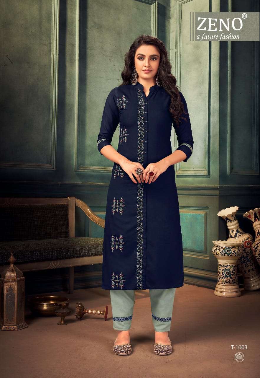TITOS VOL-1 BY ZENO 1001 TO 1008 SERIES DESIGNER STYLISH FANCY COLORFUL BEAUTIFUL PARTY WEAR & ETHNIC WEAR COLLECTION RAYON EMBROIDERY KURTIS WITH BOTTOM AT WHOLESALE PRICE