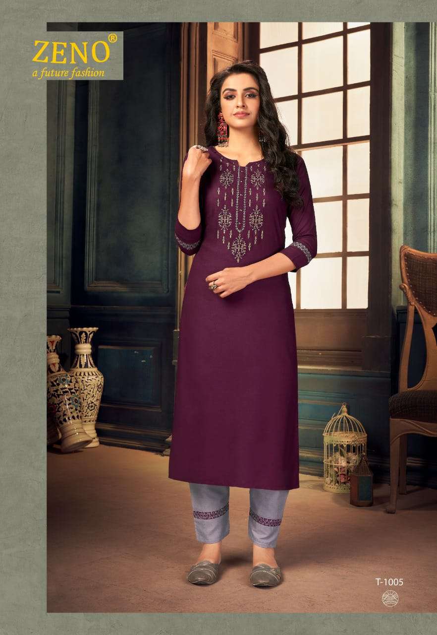 TITOS VOL-1 BY ZENO 1001 TO 1008 SERIES DESIGNER STYLISH FANCY COLORFUL BEAUTIFUL PARTY WEAR & ETHNIC WEAR COLLECTION RAYON EMBROIDERY KURTIS WITH BOTTOM AT WHOLESALE PRICE