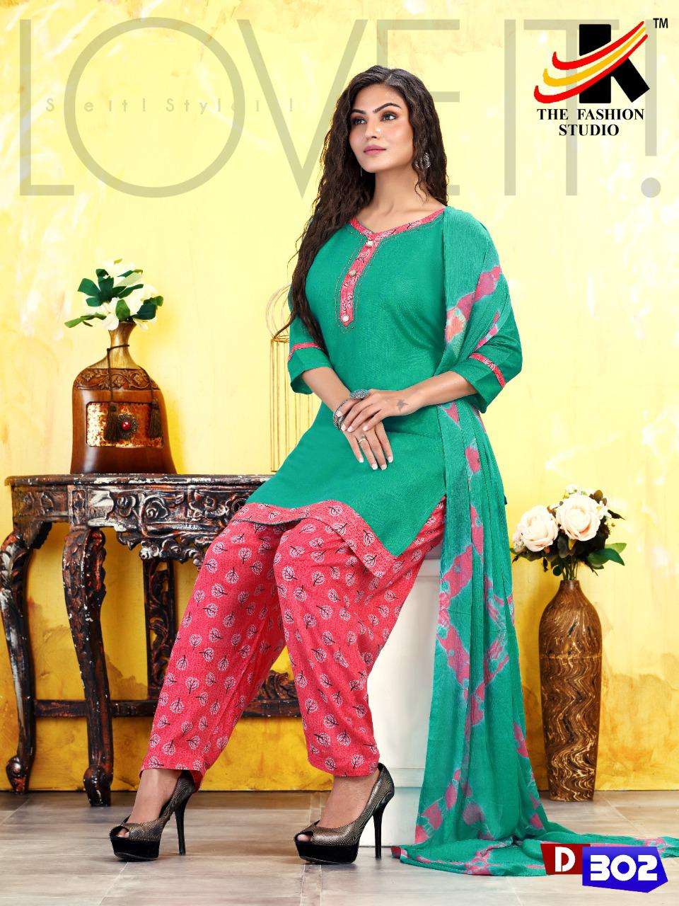 DRISHTI BY THE FASHION STUDIO 301 TO 307 SERIES BEAUTIFUL STYLISH PATIYALA SUITS FANCY COLORFUL CASUAL WEAR & ETHNIC WEAR & READY TO WEAR RAYON PLAIN SILAI WORK DRESSES AT WHOLESALE PRICE