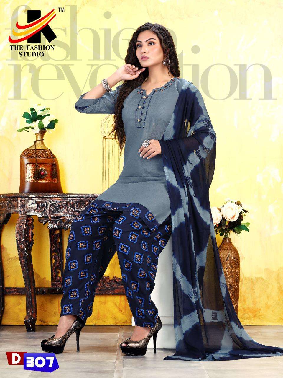 DRISHTI BY THE FASHION STUDIO 301 TO 307 SERIES BEAUTIFUL STYLISH PATIYALA SUITS FANCY COLORFUL CASUAL WEAR & ETHNIC WEAR & READY TO WEAR RAYON PLAIN SILAI WORK DRESSES AT WHOLESALE PRICE