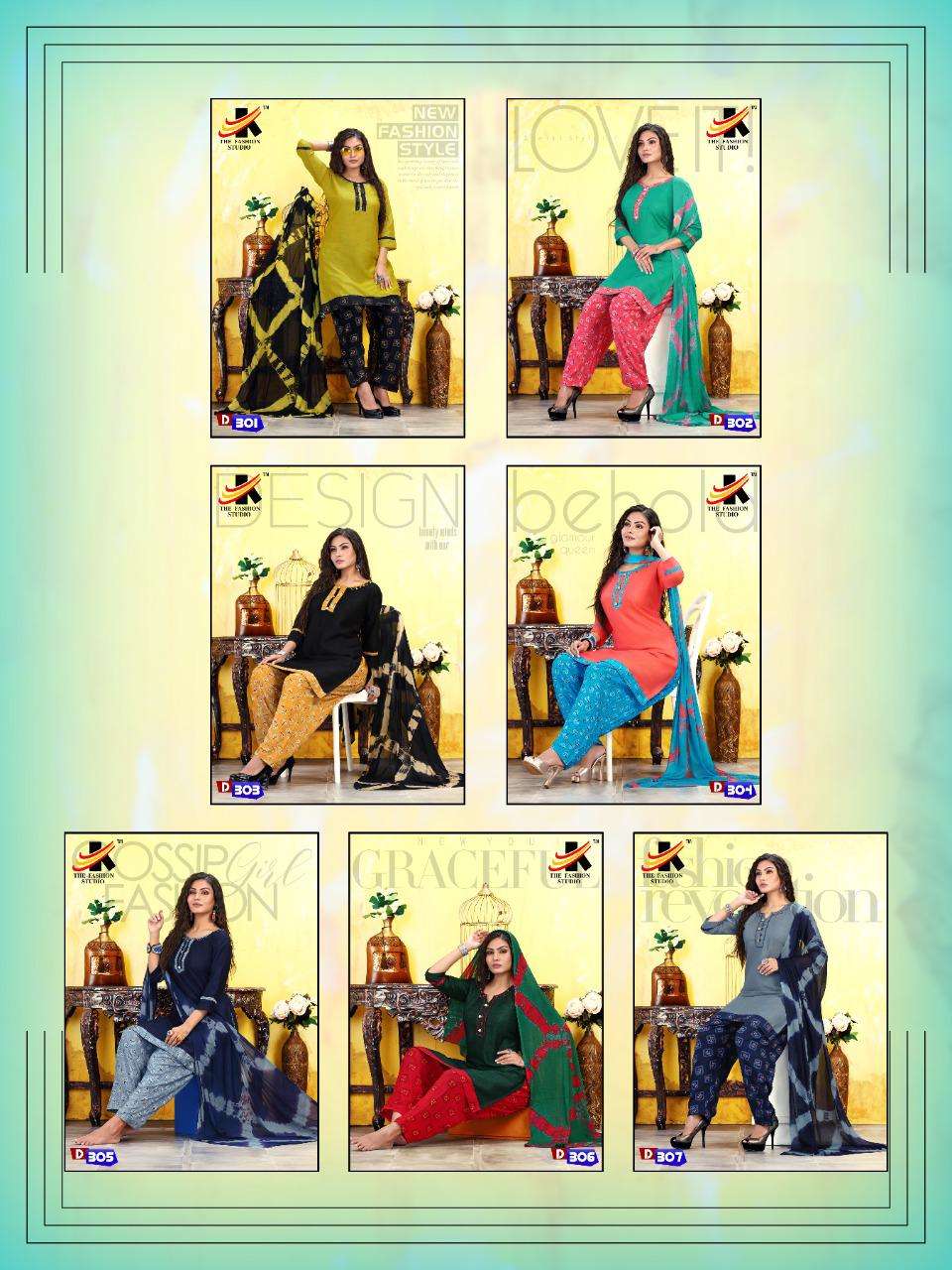 DRISHTI BY THE FASHION STUDIO 301 TO 307 SERIES BEAUTIFUL STYLISH PATIYALA SUITS FANCY COLORFUL CASUAL WEAR & ETHNIC WEAR & READY TO WEAR RAYON PLAIN SILAI WORK DRESSES AT WHOLESALE PRICE