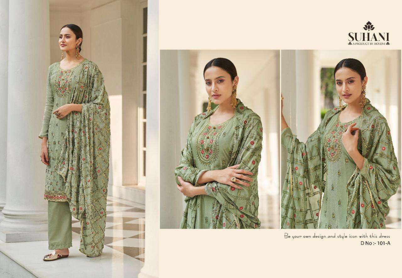 SUHANI BY MOHINI FASHION 101-A TO 101-D SERIES BEAUTIFUL SUITS COLORFUL STYLISH FANCY CASUAL WEAR & ETHNIC WEAR PURE VISCOSE CHINNON EMBROIDERED DRESSES AT WHOLESALE PRICE
