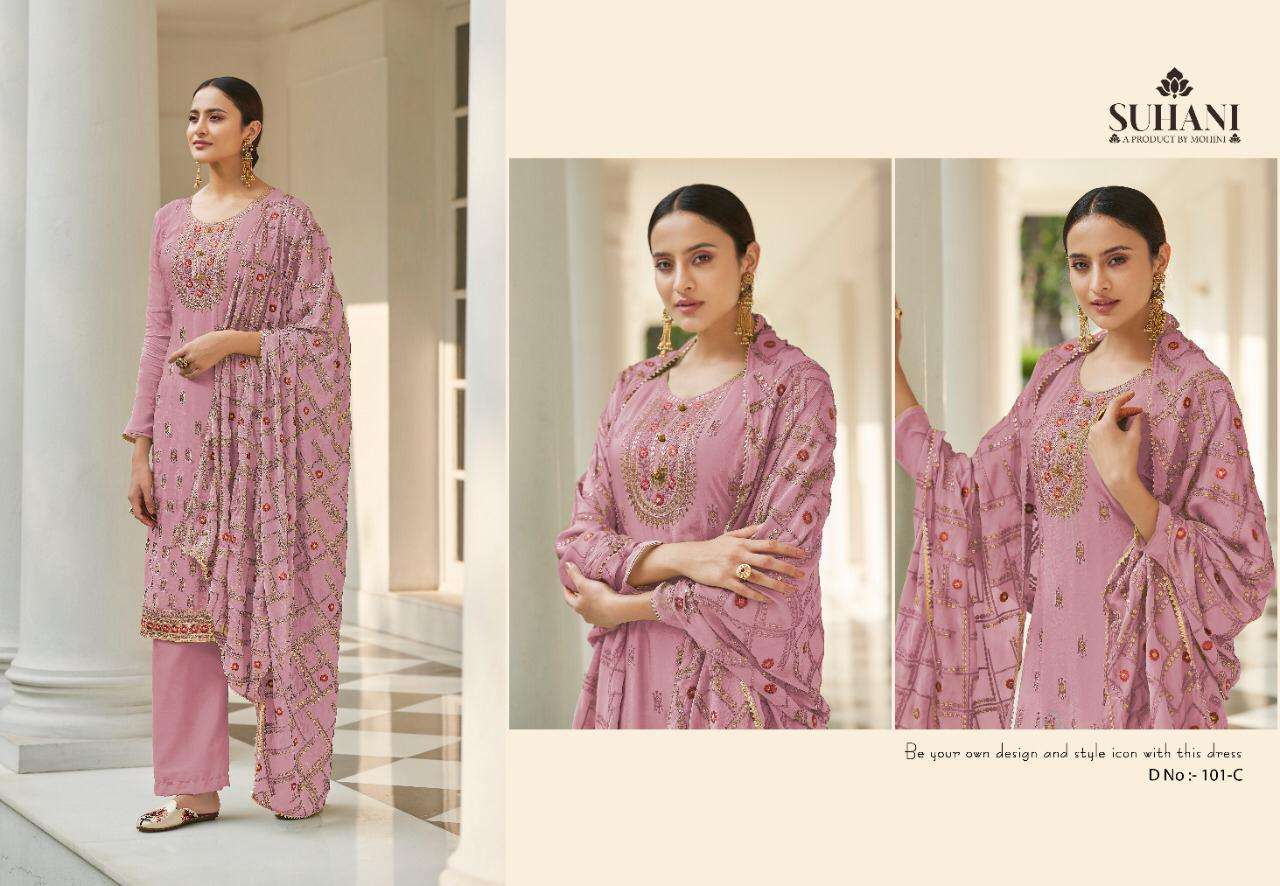 SUHANI BY MOHINI FASHION 101-A TO 101-D SERIES BEAUTIFUL SUITS COLORFUL STYLISH FANCY CASUAL WEAR & ETHNIC WEAR PURE VISCOSE CHINNON EMBROIDERED DRESSES AT WHOLESALE PRICE