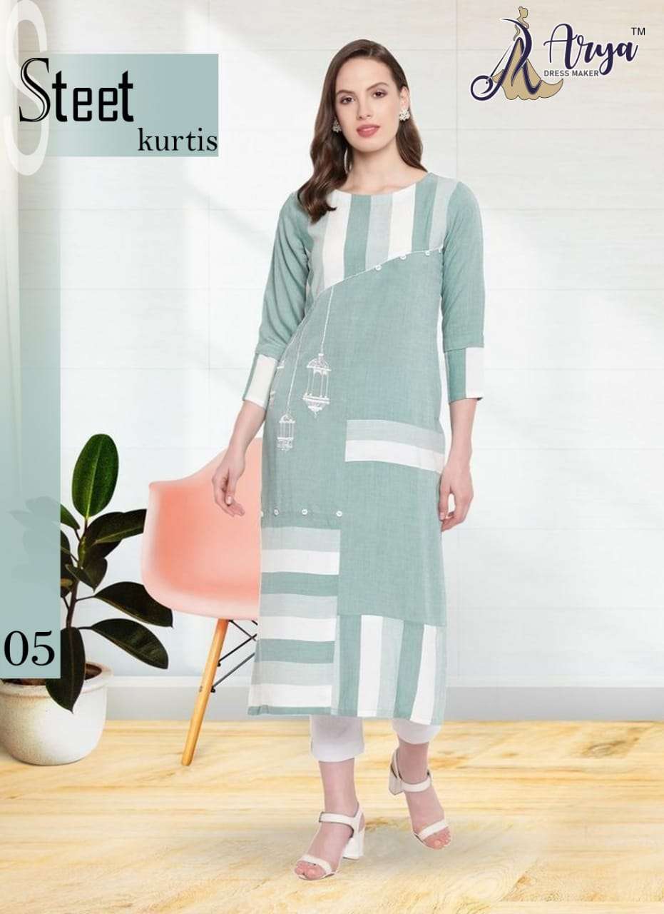 STEET BY ARYA 01 TO 06 SERIES DESIGNER STYLISH FANCY COLORFUL BEAUTIFUL PARTY WEAR & ETHNIC WEAR COLLECTION RAYON DIGITAL PRINT KURTIS AT WHOLESALE PRICE
