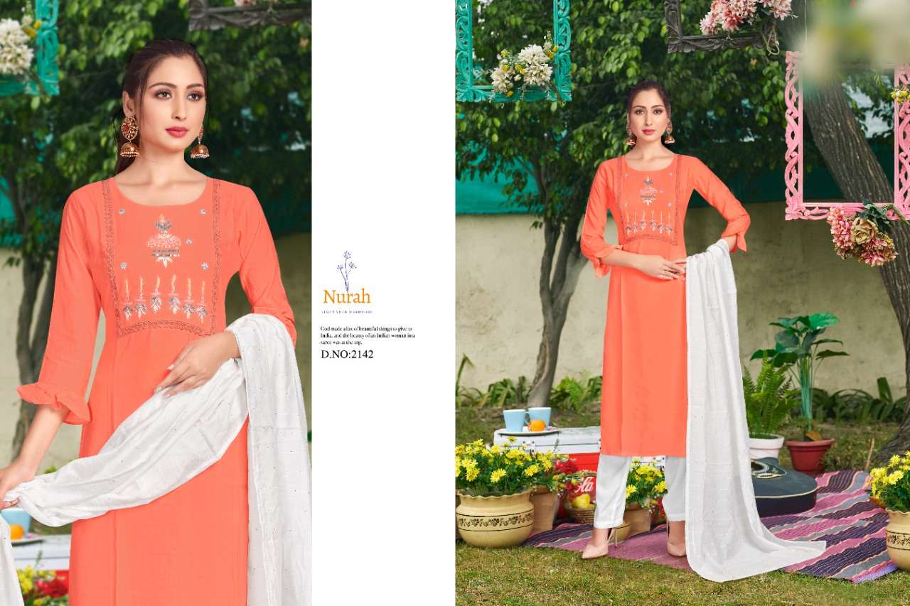 NIMRAT VOL-2 BY NURAH 2142 TO 2145 SERIES BEAUTIFUL SUITS COLORFUL STYLISH FANCY CASUAL WEAR & ETHNIC WEAR FANCY SILK WITH WORK DRESSES AT WHOLESALE PRICE