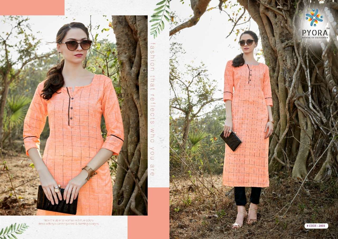TANVI BY PYORA 2001 TO 2005 SERIES DESIGNER STYLISH FANCY COLORFUL BEAUTIFUL PARTY WEAR & ETHNIC WEAR COLLECTION PURE WEAVING COTTON KURTIS AT WHOLESALE PRICE