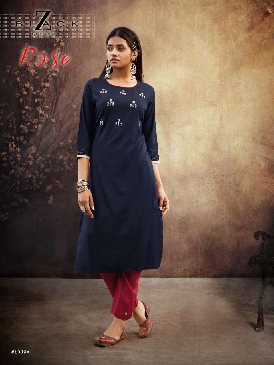ROSE BY Z BLACK 1001 TO 1006 SERIES DESIGNER STYLISH FANCY COLORFUL BEAUTIFUL PARTY WEAR & ETHNIC WEAR COLLECTION RAYON SLUB WITH WORK KURTIS WITH BOTTOM AT WHOLESALE PRICE