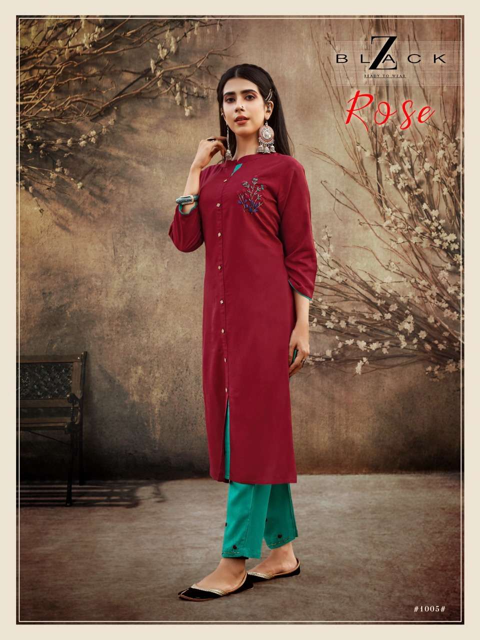 ROSE BY Z BLACK 1001 TO 1006 SERIES DESIGNER STYLISH FANCY COLORFUL BEAUTIFUL PARTY WEAR & ETHNIC WEAR COLLECTION RAYON SLUB WITH WORK KURTIS WITH BOTTOM AT WHOLESALE PRICE