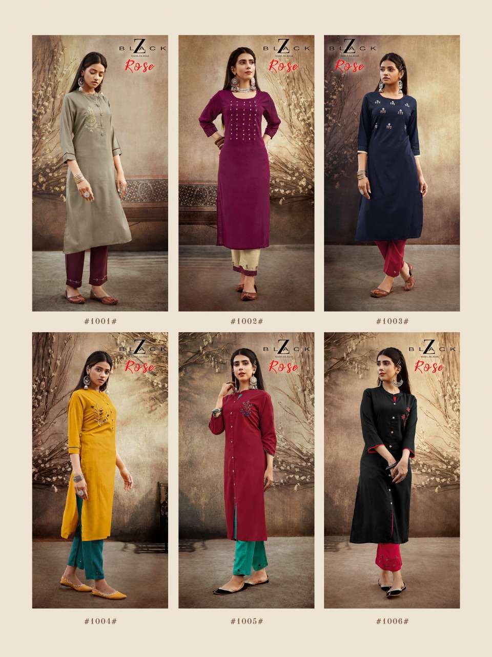 ROSE BY Z BLACK 1001 TO 1006 SERIES DESIGNER STYLISH FANCY COLORFUL BEAUTIFUL PARTY WEAR & ETHNIC WEAR COLLECTION RAYON SLUB WITH WORK KURTIS WITH BOTTOM AT WHOLESALE PRICE
