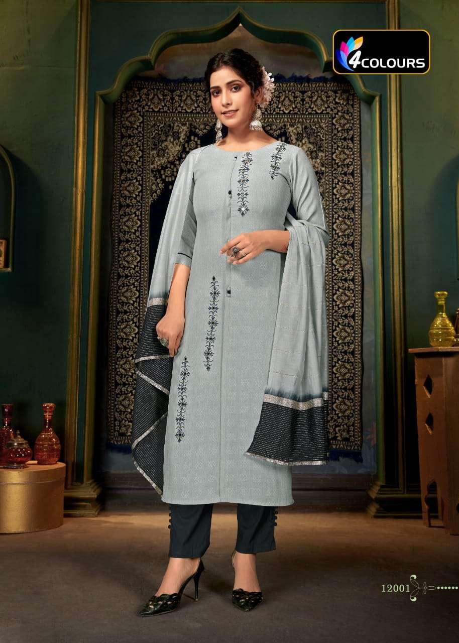 GULZAR BY 4 COLOURS 12001 TO 12005 SERIES BEAUTIFUL SUITS COLORFUL STYLISH FANCY CASUAL WEAR & ETHNIC WEAR HEAVY VISCOSE WEAVING WITH WORK DRESSES AT WHOLESALE PRICE